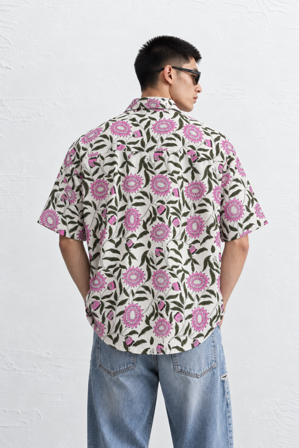 WHITE FLORAL HAND-BLOCKED SHIRT