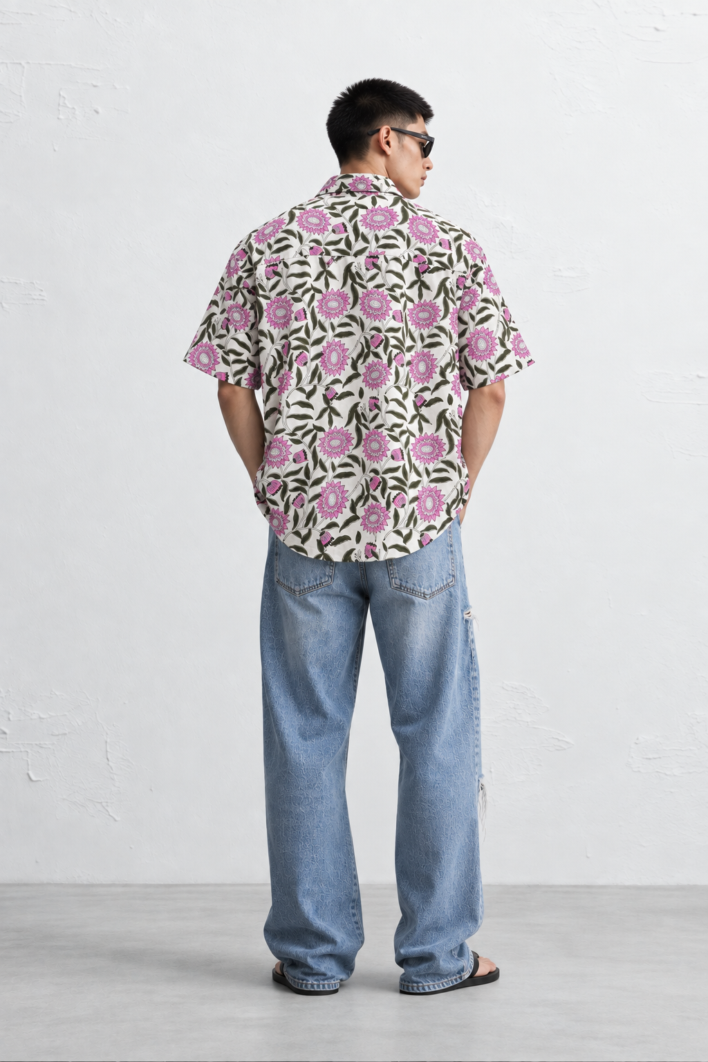 WHITE FLORAL HAND-BLOCKED SHIRT
