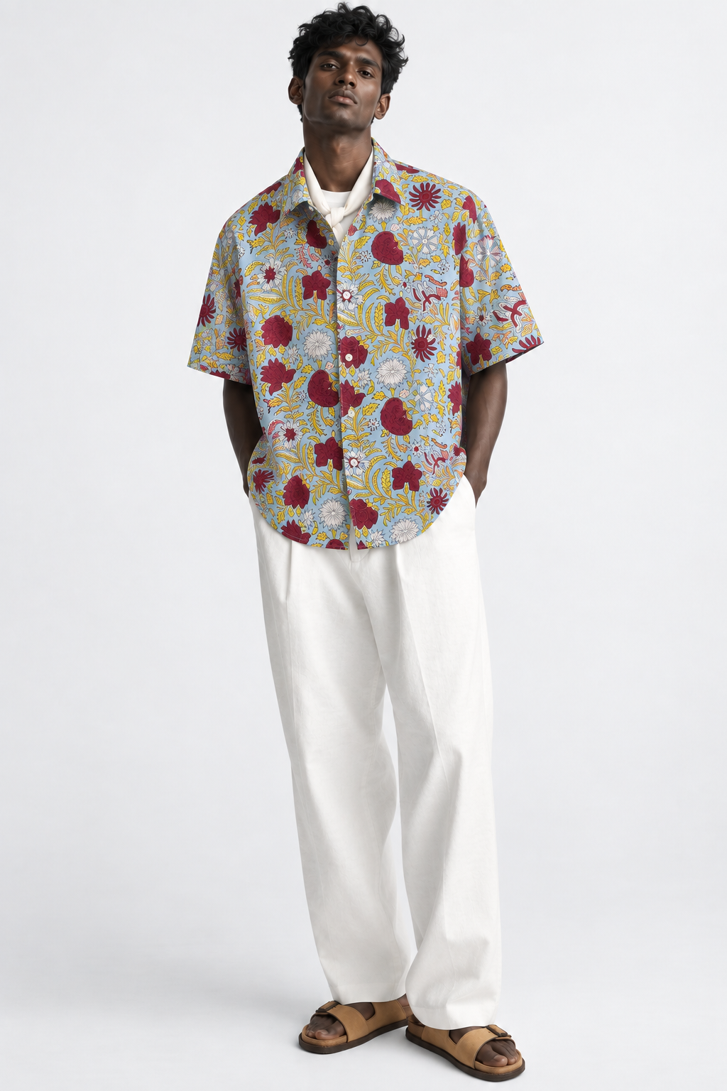 SKY BLUE FLORAL HAND-BLOCKED SHIRT