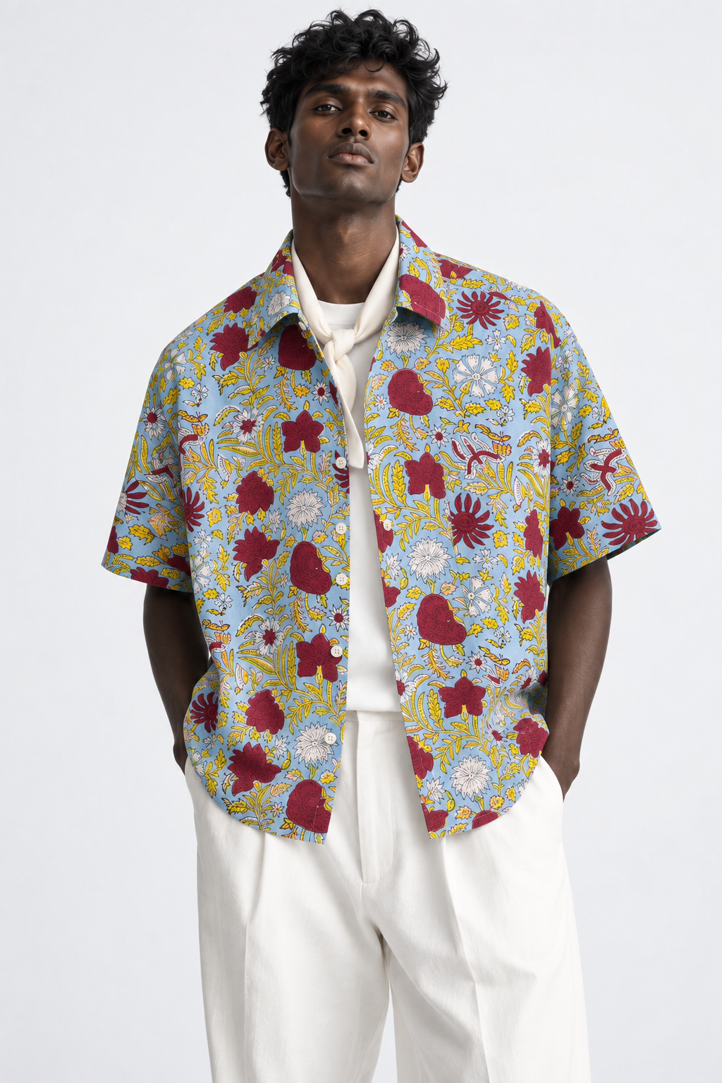 SKY BLUE FLORAL HAND-BLOCKED SHIRT