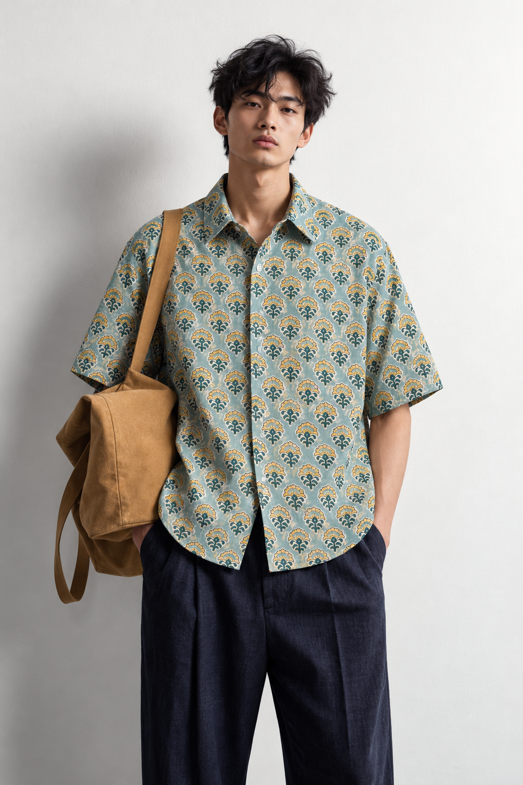 SAGE GREEN FLORAL HAND-BLOCKED SHIRT