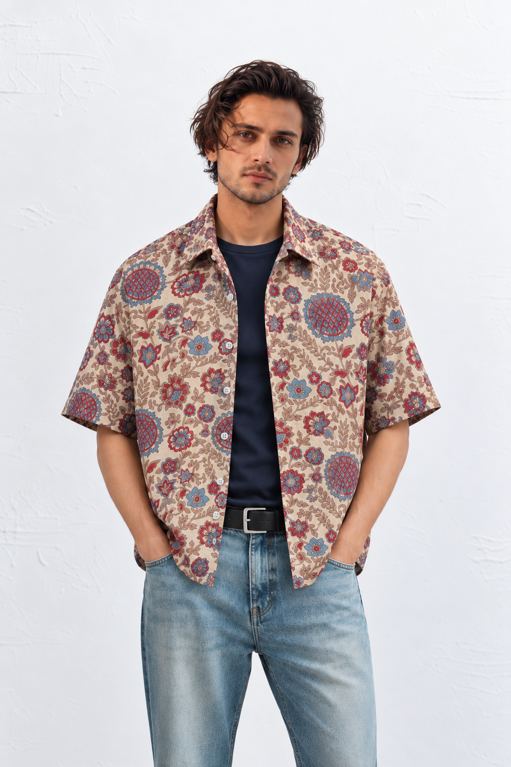 BEIGE FLORAL HAND-BLOCKED SHIRT