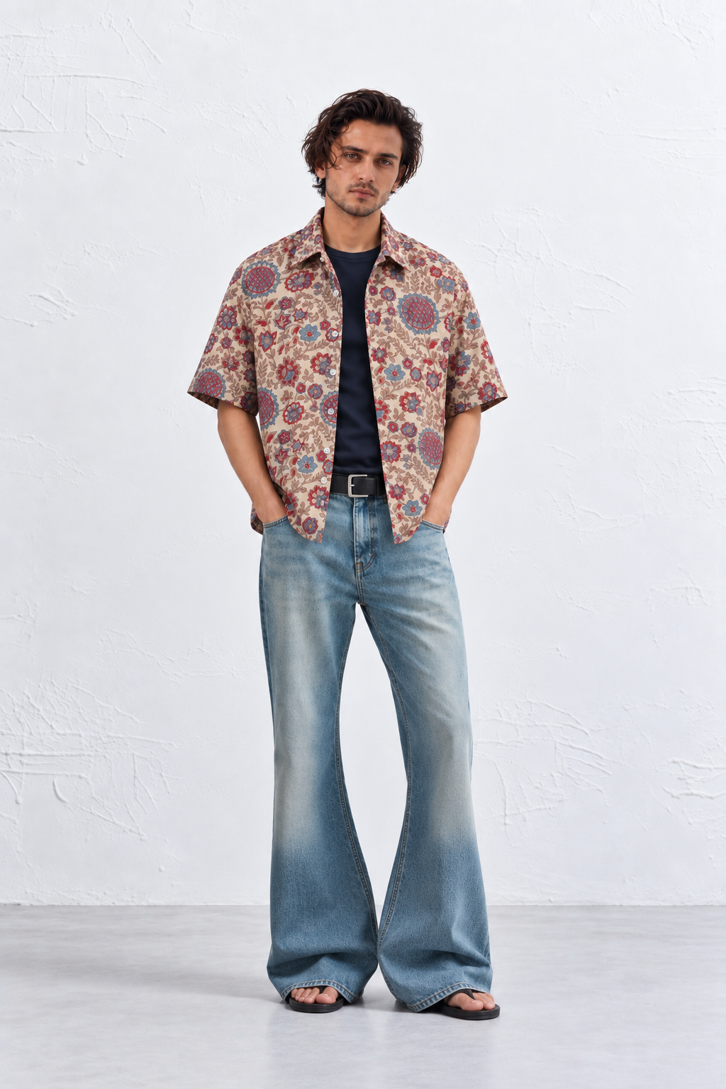 BEIGE FLORAL HAND-BLOCKED SHIRT