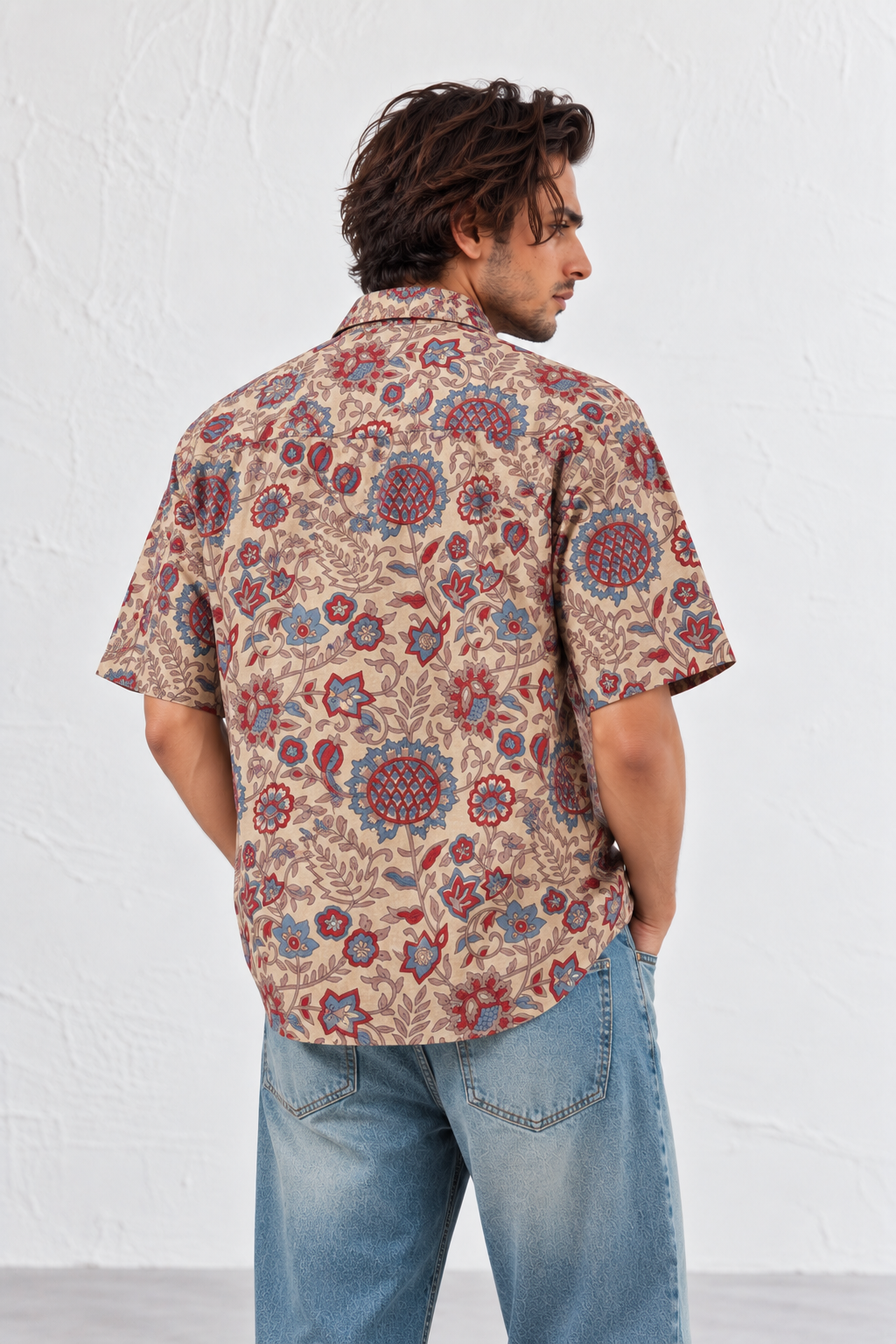 BEIGE FLORAL HAND-BLOCKED SHIRT