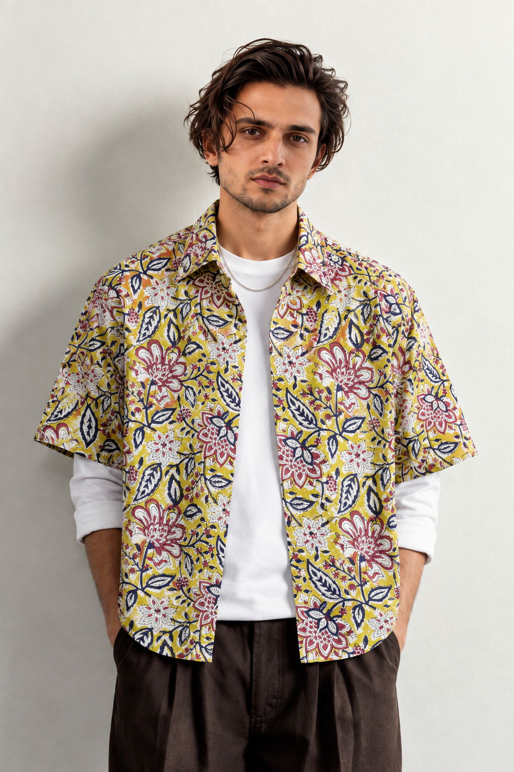 LEMON YELLOW FLORAL HAND-BLOCKED SHIRT