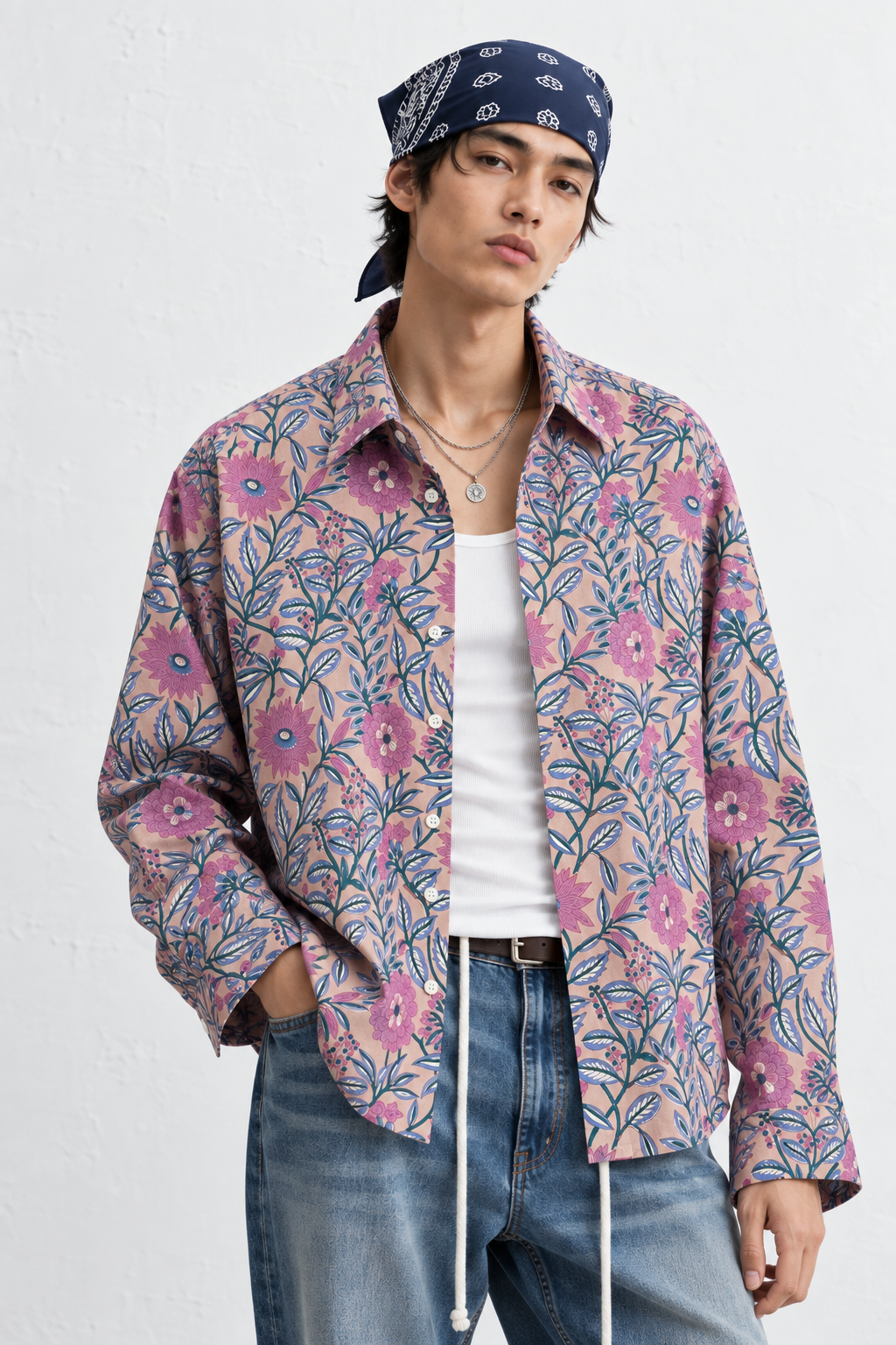 LIGHT PINK FLORAL HAND-BLOCKED SHIRT