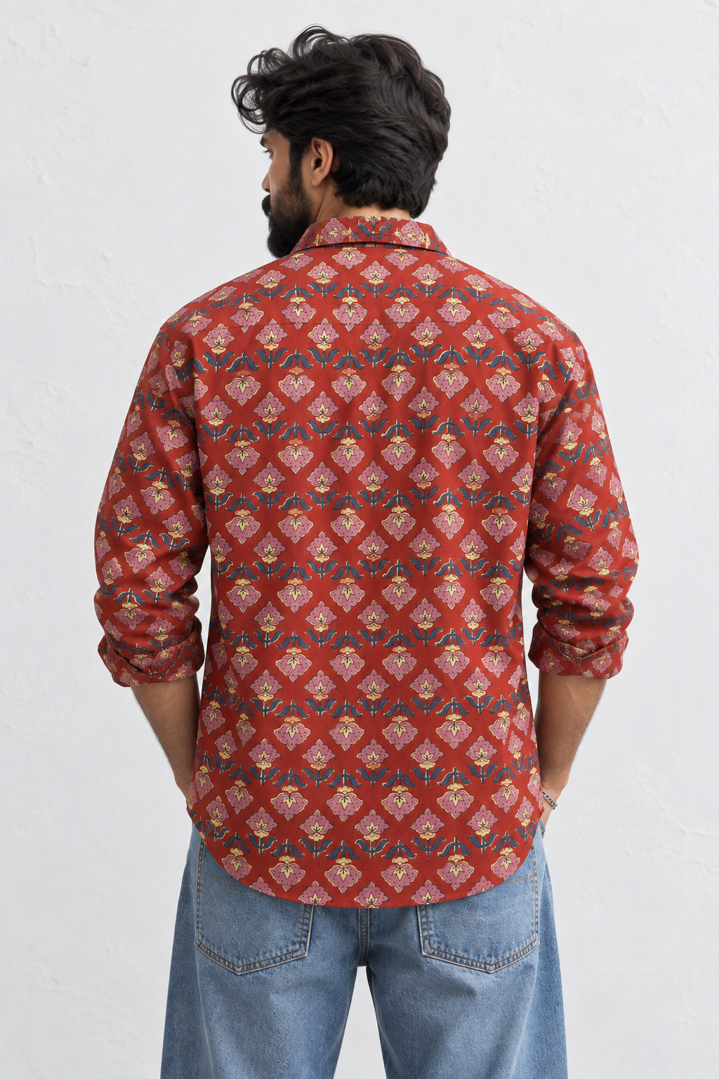 RUST RED FLORAL HAND-BLOCKED SHIRT