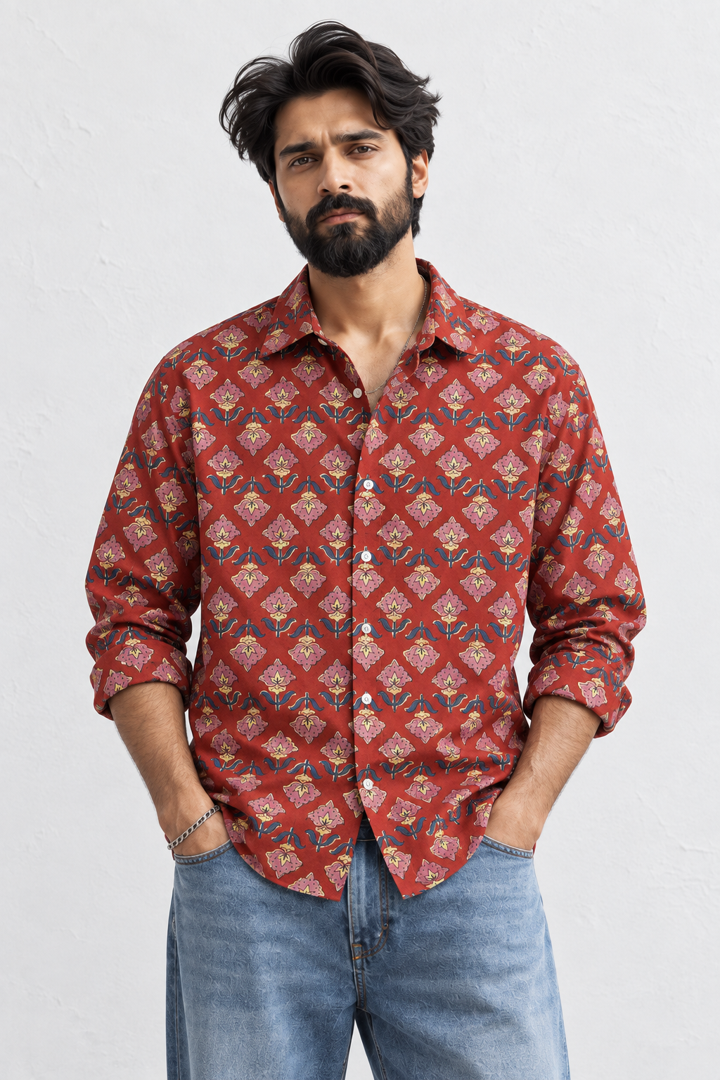 RUST RED FLORAL HAND-BLOCKED SHIRT