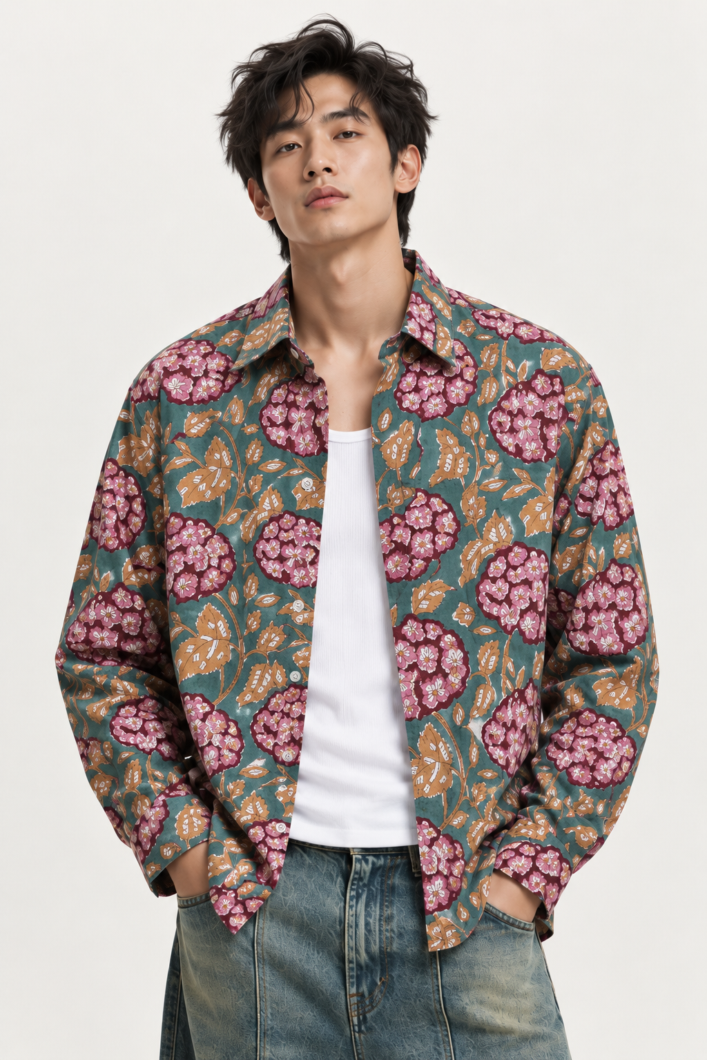 GREEN FLORAL HAND-BLOCKED SHIRT